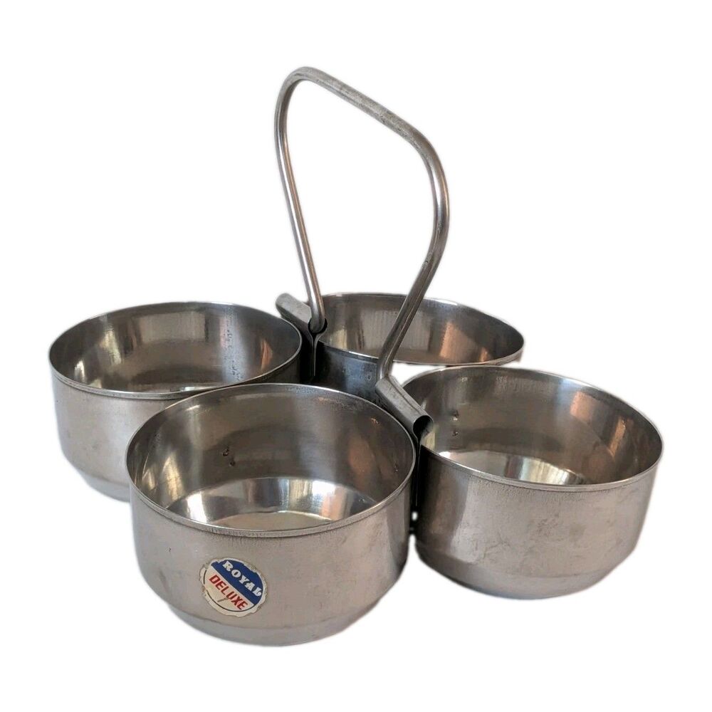 Vintage Royal Deluxe 4 Bowl Condiment Relish Server Metal Caddy w Handle MCM